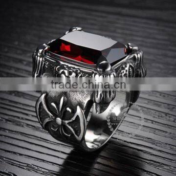15MM Stainless Steel Vintage Antiqued Silver AAA Red Zircon Ring Steam Punk Jewelry 6240023