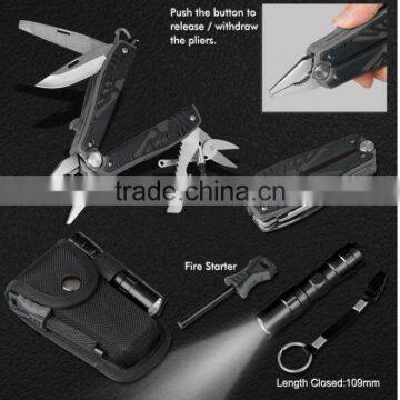 Pouch kit with fire starter and flashlight with multi-tool