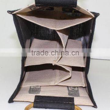 Four Bottle Juco Wine Bag With Wooden Cane Handle photo-3
