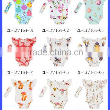 Flutter Sleeve Newborn Baby Clothes Cute Baby Girl Rompers Set With Headband Child Clothing With 2 Metal Snaps In Bottom