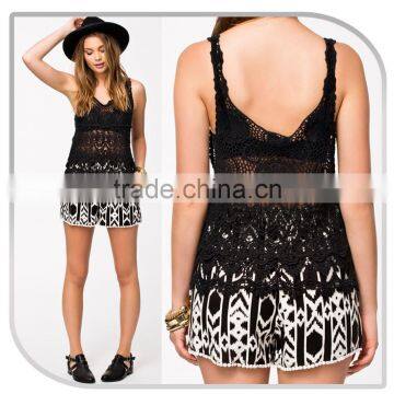 2015 new style women 100% cotton material crochet BLACK LACE fabric condole belt vest