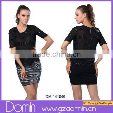 New Design Fashion Short Sleeve Embellished Chiffon Top