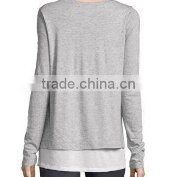 High Quality Double-Layer Long-Sleeve Tee/Pima Cotton Relaxed Style Top Layer Side Open Hemp t Shirt for Women photo-2