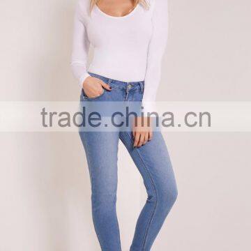Sexy Tight Ladies Jumpsuit With High Leg Basic White Scoop Neck Thong Bodysuit Long Sleeve photo-3