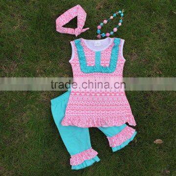 Baby girls pink Aztec tribal clothing set girls suit capri set outfits with matching headmade necklace and headband