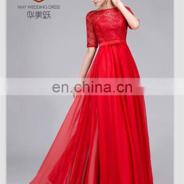 Stock Elegant ZZ-E0027 Straight Full Lace Thin Chiffon Half Sleeve Red Evening Gown