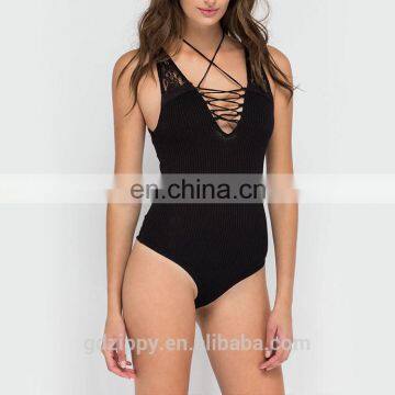 Wholesale Black Stripe Neckline Women Tight Bodysuit photo-2