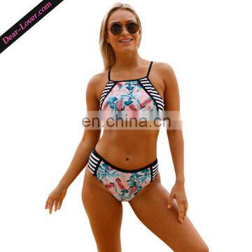 Cute Beach 2pcs Strappy High Neck Floral Bathing Suits Tankinis