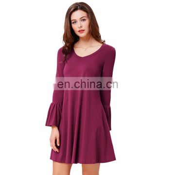 Kate Kasin Violet Red Loose Long Bell Sleeve V-Neck Cotton Casual Dress KK000499-3