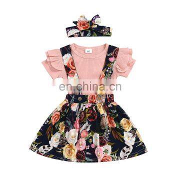 Hot sale floral pattern gallus dress and short sleeve top matching headband 3pcs baby girls clothes set