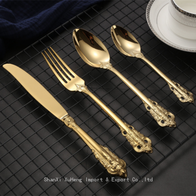 Elegant Royal 5 Star Hotel Mirror Polishing Metal Stainless Steel Gold Plated Wedding Cutlery Set