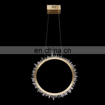 Modern living room luxury gold or black round ring natural quartz stone rock crystal chandelier