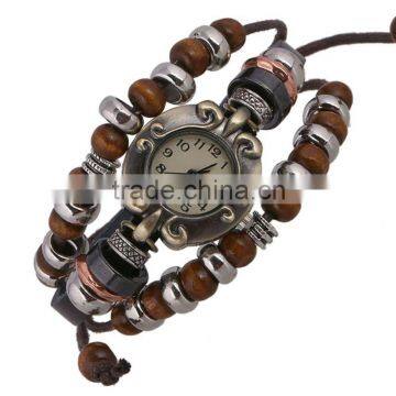 Fashion Beads Decorated, 6 Colors Genuine Leather Strap Vintage Brand Watch Bracelet