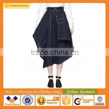 Wholesale High Quality Front Patch Pocket Asymmetric Drape Front Denim Skirt For Women