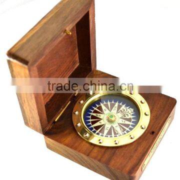 Antique Vintage Solid Brass Gift Compass With Wooden Box 13522