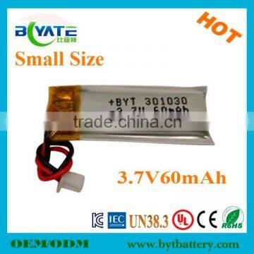 Smallest 3.7V 60mah lipo battery 301030 for bluetooth device