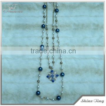 long chain navy blue pearl necklace with alloy pendant for women