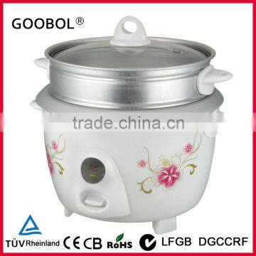 high quality small drum rice cooker with printing flower & steamer & glass lid