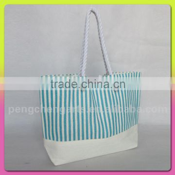 Lady women polyester stripe handbag with paper straw bags cotton handle