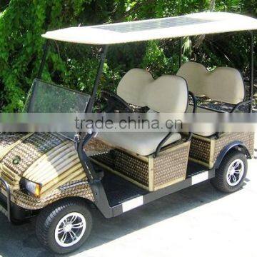 4 forward facing passenger vehicle with solar canopy and custom bamboo wrapping