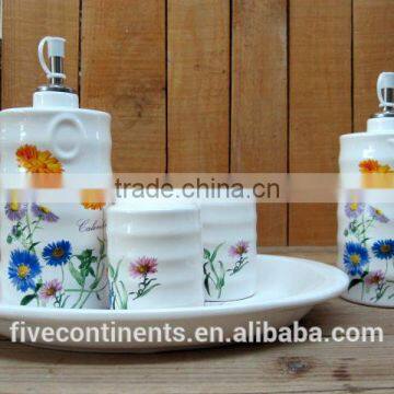 New flower decal kitchen 5pcs condiment set with tray