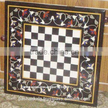 Inlay Marble Chess Design Table Top, Handmade Marble Inlay Table Top