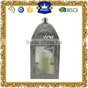 White golden brush LED metal candle lantern with butterfly desgin