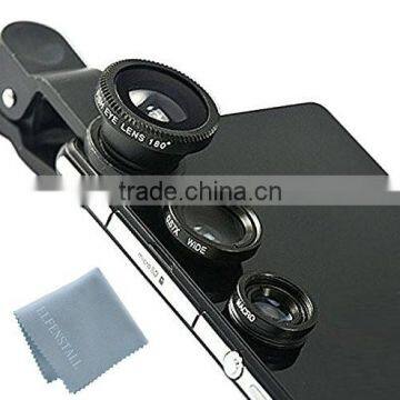 Fashionable 3 in 1 clip-on camera adapter optical microspur fisheye wideangle lense for mobile phone