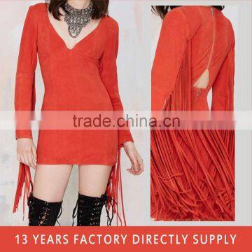 2016 fashion new style sexy girl tight bodycon mini nighty dress with long sleeve tassles fringe