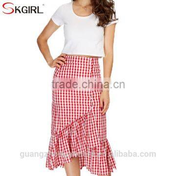 Vintage casual plus size elastic waist buttons up mid-calf plaid split ruffles asymmetric skirt for fashion women