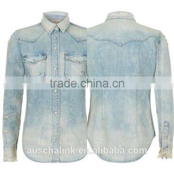 Ladies Twin Chest Pocket Fashion Cotton Jeans Shirt OEM Service photo-4