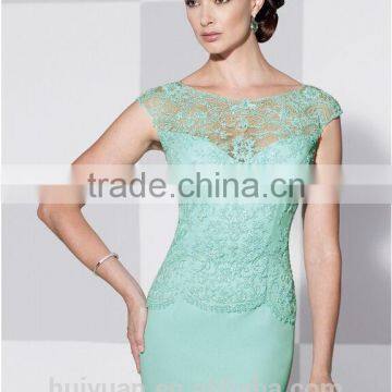 Elegant Sky Blue Lace Cap Sleeve Satin A-line Scoop Neck Mother Dress Pakistani Bridal Dresses photo-3