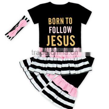 66TQZ463 Yiwu Lovebaby Cotton & Polyester Wholesale Cap Sleeve Black Top Big Ruffle Bottom for Easter Day Match Clothing Set photo-3