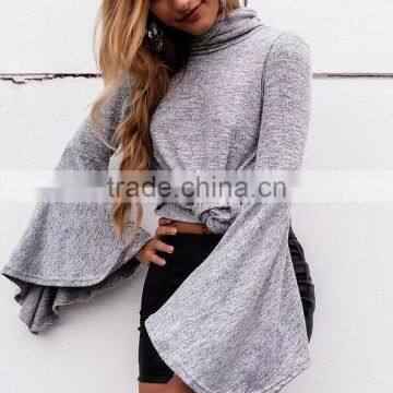Runwaylover 139 New Design 2017 Ladies Fashion Flare Sleeve Knitted Turtleneck T-Shirt photo-2