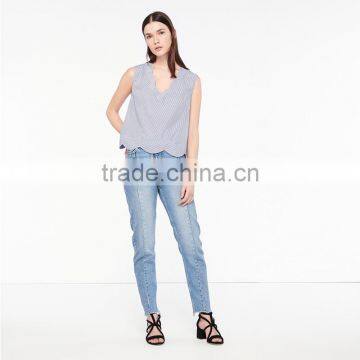 Striped Cotton Top With Wave Cut V-neck and Hem Sleeveless Shirt Tank Tops photo-2