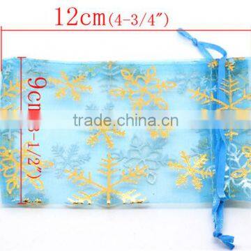 Organza Jewelry Bags Drawstring Rectangle Skyblue Christmas Snowflake Pattern 12cm X9cm photo-2
