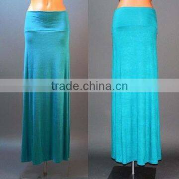 OEM Rayon Fold Over Waist Latest Model Plain Blue Women Maxi Skirts Latest Long Skirt Design photo-3