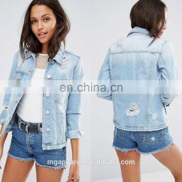 100%Cotton light wash distressed women denim jackets