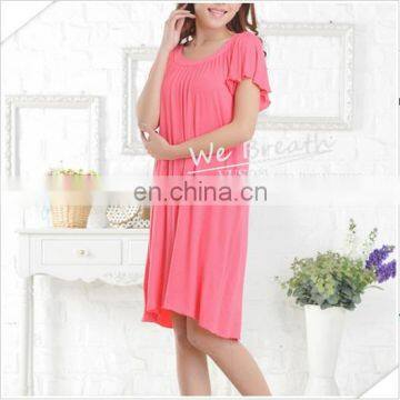 Ladies' Eco-friendly Bamboo Fiber Round Neck Night Gown Solid Color FD photo-4