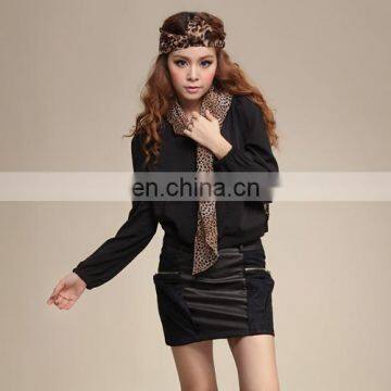 Black punk sexy PU leather splicing with zipper over hip A-line mini skirt