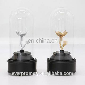 High Quality Top Sell Preserved Rose Box Rotary Music Glass Dome With Gold Silver Stem