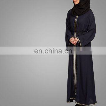 Modest Muslim Women Crepe Cardigan Navy Kimono With Lace Overcoat Open Front Islamic Abaya photo-3