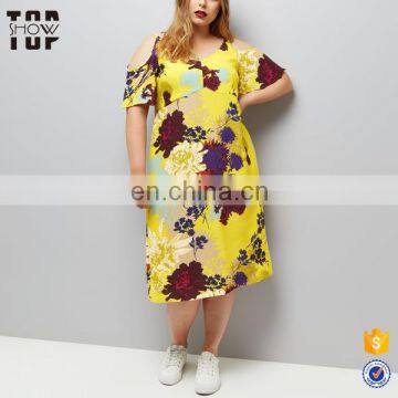 China garment factory plus size yellow cold shoulder floral midi dress