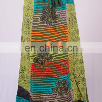 Stylish Razor Cut Embroidered Floral Patches & Print Iguana Green Maxi Wrap Around Summer Skirt HHCS 116 B