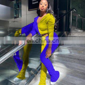 Plain Loose 2 Pieces Drawstring Jogger Stacked Sweatpants Women Causal Color Matching Hoodie Set photo-7