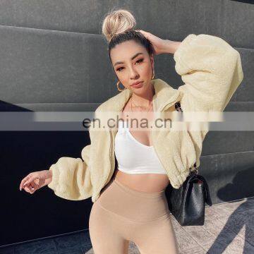 Hot selling white color women winter fleece zip up crop bomber jackets and coats