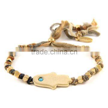 Fashion silk ribbon woven alloy beads bracelet with hamsa hand charm bracelet