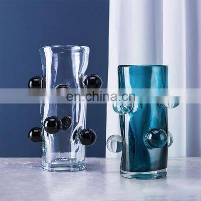 Wholesale Minimalist Table Decor Small Cheap Art Blue Cylinder Clear Glass Flower Vases