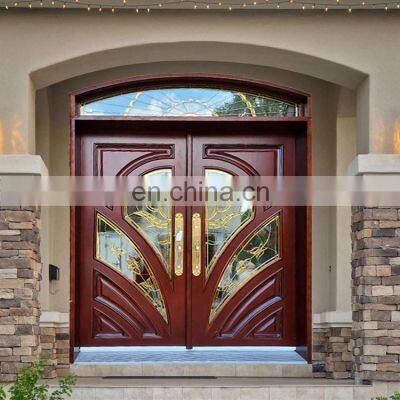 Exterior Home Double Leaf Wooden Front Entry Doors American Modern Round Arch Top Teak Solid Wood Main Front Doors for Houses photo-5