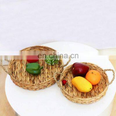 2PC Water Hyacinth basket Boho woven round serving tray Wicker basket set